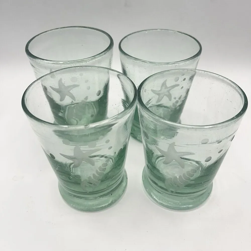 Set Of 4 Hand Blown Green Glass Etched Starfish Shell 8 oz 4” Heavyweight Bottom
